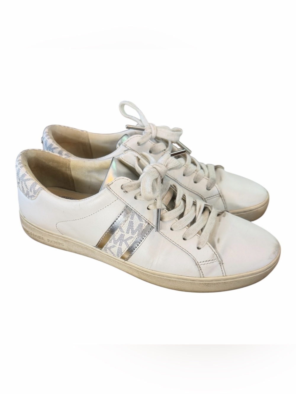 Michael Kors White Leather Lace-Up Sneakers with Silver Accent